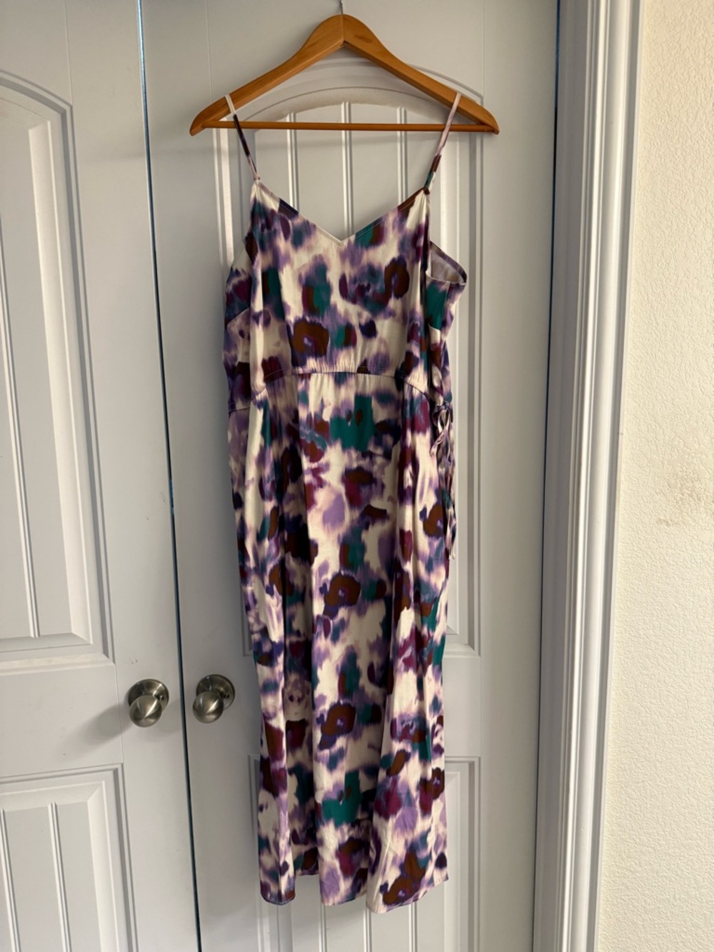 Spaghetti Strap Large Midi Dress in Purple & Teal Print with Pockets